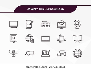 fully editable outline icon collection from concept. thin line download concept. thin line icons set such as tv screen, tablet tool, square chip, device, download from the net,