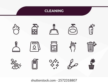 fully editable outline icon collection from cleaning concept. thin line icons set such as oxidizing agent, sanitize, dustpan, tampon cleanin, rose cleanin,