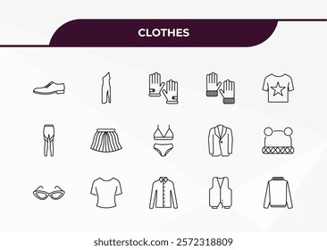 fully editable outline icon collection from clothes concept. thin line icons set such as leather derby shoe, one shoulder dress, leggins, waistcoat, turtleneck,