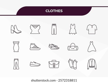 fully editable outline icon collection from clothes concept. thin line icons set such as ankle boots, draped top, off the shoulder dress, men socks, cotton cardigan,