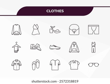 fully editable outline icon collection from clothes concept. thin line icons set such as pullover, jersey wrap dress, scarf on hanger, lyocell shirt dress, pilot sunglasses,