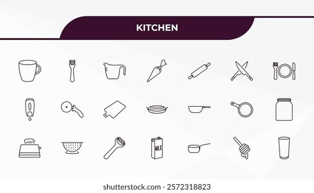 fully editable outline icon collection from kitchen concept. thin line icons set such as mug, fork, frying pan, honey dipper, glass,