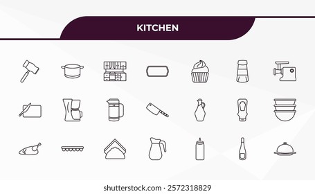 fully editable outline icon collection from kitchen concept. thin line icons set such as meat tenderizer, cooking pot, olive oil, wine bottle, platter,