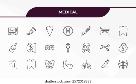 fully editable outline icon collection from medical concept. thin line icons set such as heart rate monitor, ointment, skull and bone, syringe with medicine, sternum,