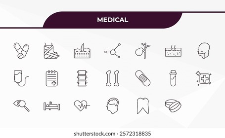 fully editable outline icon collection from medical concept. thin line icons set such as drug pills, plastered foot, sticking plaster, molar tooth, tablets,