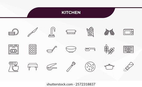 fully editable outline icon collection from kitchen concept. thin line icons set such as dishes, steak knife, knife sharpener, pot, seasoning,