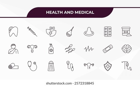 fully editable outline icon collection from health and medical concept. thin line icons set such as caries, syringe, beat, medical shield, saline,