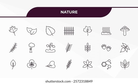 fully editable outline icon collection from nature concept. thin line icons set such as hawthorn leaf, bilberry leaf, acacia, chemical structure, sassafras leaf,