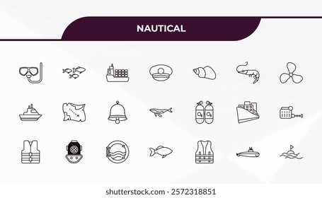 fully editable outline icon collection from nautical concept. thin line icons set such as submarine window, whale, submarine facing right, yatch, sea,