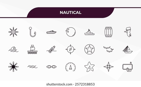 fully editable outline icon collection from nautical concept. thin line icons set such as snorkel, bait, big bell, starfish, suroard,