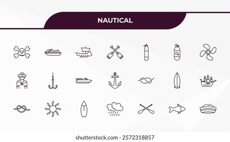 fully editable outline icon collection from nautical concept. thin line icons set such as ship engine propeller, facing right, compass, double bait, sailor cap,