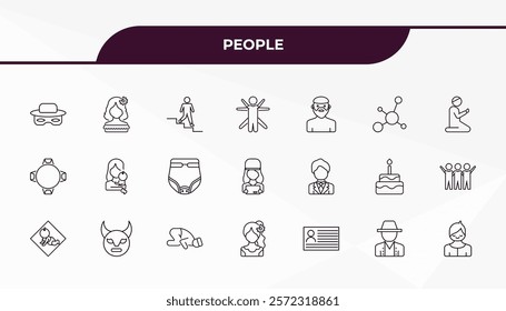 fully editable outline icon collection from people concept. thin line icons set such as zorro, mexican woman, bussiness man, norwegian, small boy,