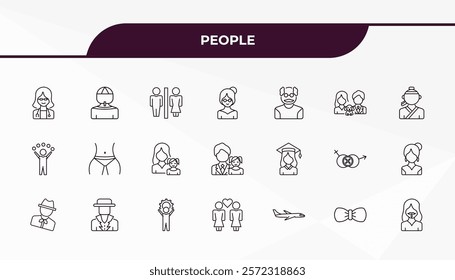 fully editable outline icon collection from people concept. thin line icons set such as female doctor, amazonian, graduated student, elegant, bearded woman,