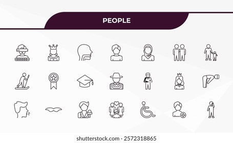 fully editable outline icon collection from people concept. thin line icons set such as kidnapping, empress, qiyam, pacient, man talking with phone,