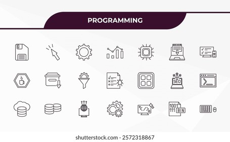 fully editable outline icon collection from programming concept. thin line icons set such as floppy disk, click, app, binary file, keyboard and mouse,