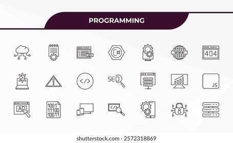 fully editable outline icon collection from programming concept. thin line icons set such as computing, compiler, hosting, encryption, server,