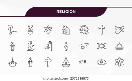 fully editable outline icon collection from religion concept. thin line icons set such as communion, easter bunny, eyd gun, yarmulke, atheism,