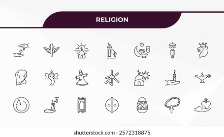 fully editable outline icon collection from religion concept. thin line icons set such as sadaqah, heresy, zuhr prayer, raya rosary, gospel,