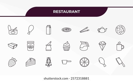 fully editable outline icon collection from restaurant concept. thin line icons set such as open tin with spoon, fried chicken thighs, coffe pot, chicken thigh, big knife,