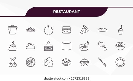 fully editable outline icon collection from restaurant concept. thin line icons set such as bistro pot, nachos plate, decorated cake, salad fork, round plate,