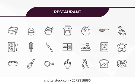 fully editable outline icon collection from restaurant concept. thin line icons set such as cake box, cupcake with cherry, spaghetti bolognese, toasted bread, sushi piece,