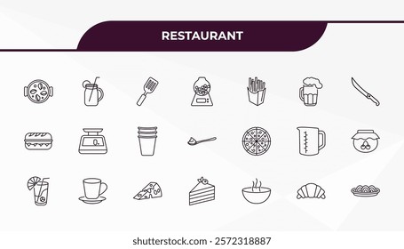 fully editable outline icon collection from restaurant concept. thin line icons set such as paella with parwns, drink jar, pepperoni pizza, bakery croissant, plate of spaghetti,