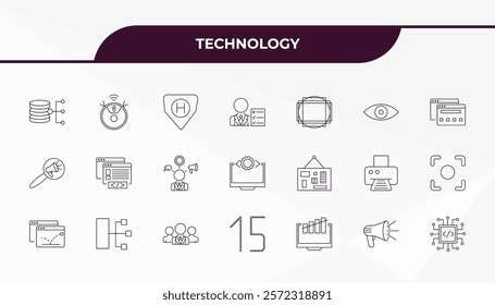 fully editable outline icon collection from technology concept. thin line icons set such as data architecture, robot vacuum, mood board, call to action, embedding,