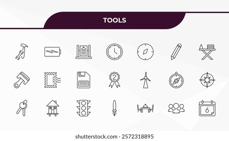 fully editable outline icon collection from tools concept. thin line icons set such as tools and utensils, battery charging, windmills, squad, calendar with six days,