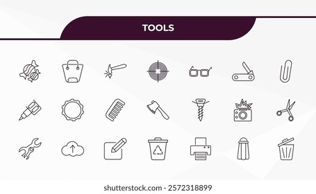 fully editable outline icon collection from tools concept. thin line icons set such as candies, bag with big handle, auger, pepper container, trash can open,