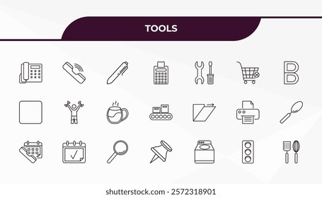 fully editable outline icon collection from tools concept. thin line icons set such as modern telephone, ringing, shear, semaphore light, kitchen tools,