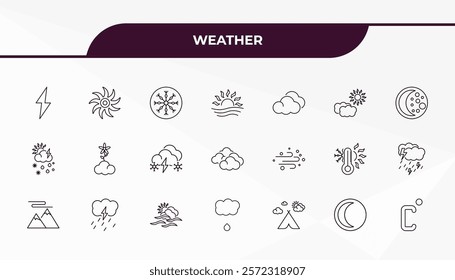 fully editable outline icon collection from weather concept. thin line icons set such as light bolt, tropical storm, sand storms, first quarter, celsius,