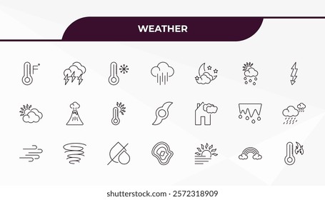 fully editable outline icon collection from weather concept. thin line icons set such as farenheit, stormy, patchy fog, rainbow, warm,