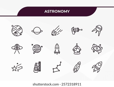fully editable outline icon collection from astronomy concept. thin line icons set such as jupiter with satellite, planet, alien with aqualung, launching shuttle, rocket start,