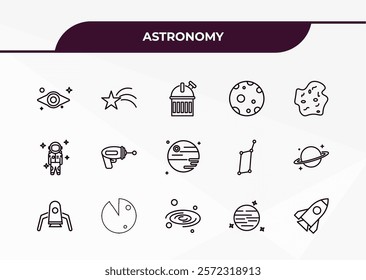 fully editable outline icon collection from astronomy concept. thin line icons set such as black hole, shooting star, spaceman, neptune with satellite, space ship,