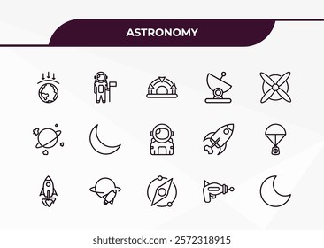 fully editable outline icon collection from astronomy concept. thin line icons set such as aerosphere, astronaut and flag, space junk, space gun, blue moon,
