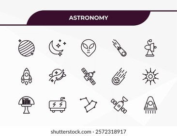 fully editable outline icon collection from astronomy concept. thin line icons set such as uranus with satellite, half moon, aerospace, inclined satellite, space capsule,