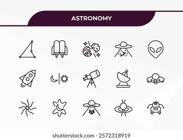 fully editable outline icon collection from astronomy concept. thin line icons set such as triangulam australe, jet pack, space rocket, quasar, space robot,