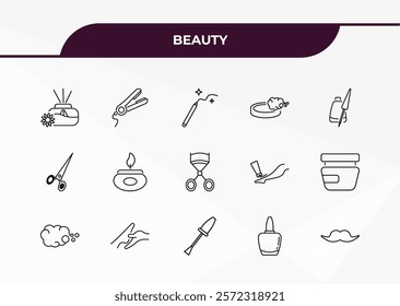 fully editable outline icon collection from beauty concept. thin line icons set such as aroma, hair straightener, hair scissors, nail polish, big moustache,