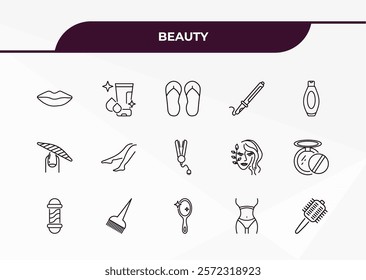 fully editable outline icon collection from beauty concept. thin line icons set such as lips, face cleanser, nail file, women waist, hairbrush,