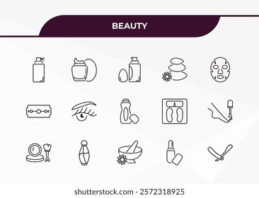 fully editable outline icon collection from beauty concept. thin line icons set such as hair spray, facial cream, big razor blade, inclined lipstick, vintage razor,