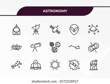 fully editable outline icon collection from astronomy concept. thin line icons set such as astronaut ingravity, dioptra, galaxy view, gamma ray, observatory,