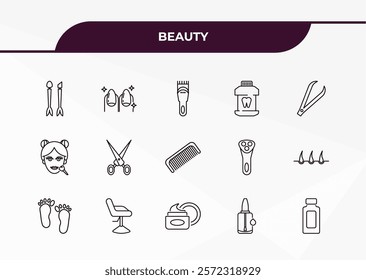 fully editable outline icon collection from beauty concept. thin line icons set such as inclined makeup brush, finger with nail, women makeup, nail polish removal, inclined bottle,