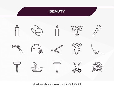 fully editable outline icon collection from beauty concept. thin line icons set such as aplicator bottle, bath salts bomb, lip gloss, manicure scissors, hair sample,