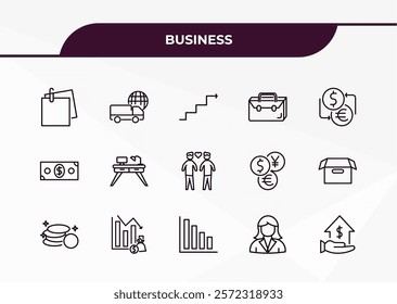 fully editable outline icon collection from business concept. thin line icons set such as post it, logistic, dollar bills, businesswomen, mortgage loan,