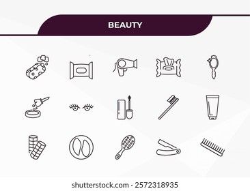 fully editable outline icon collection from beauty concept. thin line icons set such as bath sponge, wet wipes, blush, straight razor, inclined comb,