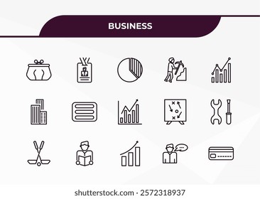 fully editable outline icon collection from business concept. thin line icons set such as coin purse, journalist id card, lines, man talking, banking card,