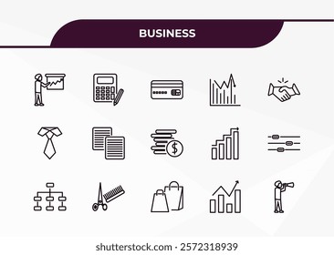 fully editable outline icon collection from business concept. thin line icons set such as graphic panel and man, maths tool, black tie, progress report, man looking,