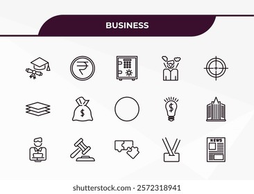 fully editable outline icon collection from business concept. thin line icons set such as graduation ceremony, nepalese, stack, lanyard, newspaper page,
