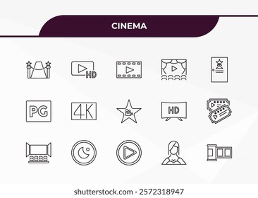 fully editable outline icon collection from cinema concept. thin line icons set such as red carpet, hd video, parental guidance, actress, film negatives,