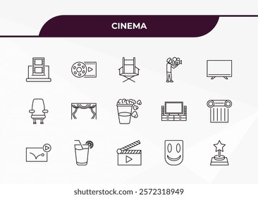 fully editable outline icon collection from cinema concept. thin line icons set such as laptop with film strip, film reel playing, cinema chair, smile mask, star movie award,